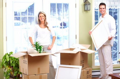 Packed boxes and furniture prepared for storage in Finsburypark